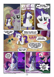 Size: 2894x4093 | Tagged: safe, artist:mister-saugrenu, pinkie pie, rarity, sweetie belle, earth pony, pony, unicorn, comic:art block, confetti, crying, floppy ears, marshmelodrama, running makeup