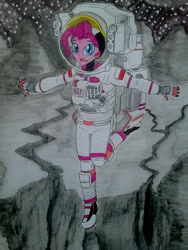 Size: 960x1280 | Tagged: safe, artist:metaldudepl666, part of a set, pinkie pie, equestria girls, astronaut, astronaut pinkie, chasm, cracks, drawing, looking at you, poland, solo, space, spacesuit, traditional art