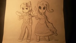 Size: 2048x1152 | Tagged: safe, artist:royal-ville, derpibooru import, rarity, twilight sparkle, pony, unicorn, bioshock, bioshock infinite, booker dewitt, elizabeth comstock, monochrome, traditional art