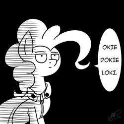 Size: 1750x1750 | Tagged: safe, artist:jorobro, pinkie pie, earth pony, pony, cape, clothes, monochrome, ok, okie doki loki, one ponk, one punch man, parody, saitama, solo