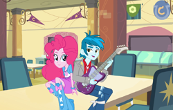 Size: 1492x948 | Tagged: safe, pinkie pie, thunderbass, equestria girls, background human, boots, bracelet, cafeteria, electric guitar, guitar, high heel boots, jewelry, pinkiebass, shipping