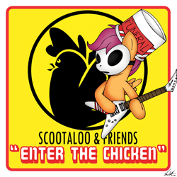 Size: 900x900 | Tagged: safe, artist:ep-777, scootaloo, chicken, pegasus, album cover, buckethead, crossover, female, filly, guitar, headbucket, mask, metal, music, musical instrument, possessed, rock, scootachicken