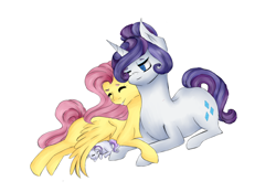 Size: 1490x1040 | Tagged: safe, artist:kittii-kat, fluttershy, rarity, oc, oc:celine, pegasus, pony, unicorn, baby, baby pony, female, flarity, hug, lesbian, magical lesbian spawn, offspring, parent:fluttershy, parent:rarity, parents:flarity, prone, shipping, weapons-grade cute, winghug