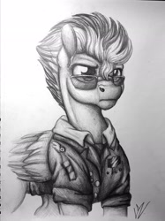 Size: 2241x3001 | Tagged: safe, artist:lupiarts, derpibooru import, spitfire, pegasus, pony, clothes, female, mare, monochrome, simple background, sketch, solo, sunglasses, traditional art