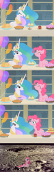 Size: 1240x3944 | Tagged: safe, edit, edited screencap, screencap, pinkie pie, princess celestia, alicorn, pony, a bird in the hoof, balloon, cake, comic, cupcake, eating, eyes closed, food, lidded eyes, meme, moon, munching, now you fucked up, open mouth, pie, pinkamena diane pie, puffy cheeks, sad, sandwich, screencap comic, sitting, smiling, straight mane, this ended in journey to the moon, this ended in tears, to the moon, tyrant celestia, whoops