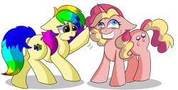 Size: 1280x649 | Tagged: safe, artist:rainbowtashie, pinkie pie, sunset shimmer, oc, oc:rainbow tashie, oc:sunbutter cookies, earth pony, pony, unicorn, commissioner:bigonionbean, concerned, crazy face, cutie mark, faic, female, fusion, fusion:sunbutter cookies, mare, mental breakdown, nintendo 64, panic, simple background, transparent background, troubled, writer:bigonionbean