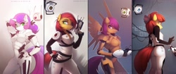 Size: 5120x2160 | Tagged: safe, artist:antiander, derpibooru import, apple bloom, babs seed, scootaloo, sweetie belle, sweetie bot, anthro, cyborg, robot, absurd resolution, android, aperture science, apple bloom bot, ass, bot seed, collage, crossover, cutie mark crusaders, female, gynoid, hand on hip, heart eyes, looking back, personality core, portal (valve), portal gun, scootabot, smiling, sultry pose, wallpaper, wheatley, widescreen, wingding eyes