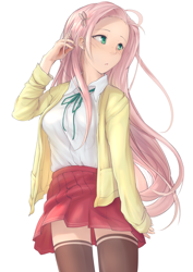 Size: 2028x2864 | Tagged: safe, artist:tiribrush, fluttershy, human, clothes, cute, hair accessory, humanized, school uniform, shyabetes, simple background, skirt, socks, solo, white background, zettai ryouiki