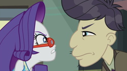 Size: 1272x716 | Tagged: safe, screencap, cranky doodle donkey, rarity, better together, equestria girls, happily ever after party, happily ever after party: rarity, confrontation, glasses, glasses rarity, rarity's glasses