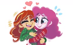 Size: 1368x840 | Tagged: safe, artist:wimsie, pinkie pie, sunset shimmer, human, equestria girls, blushing, clothes, cute, diapinkes, female, holiday, hug, lesbian, shimmerbetes, shipping, sunsetpie, sweater