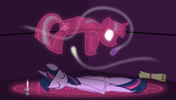 Size: 11200x6400 | Tagged: safe, artist:parclytaxel, derpibooru import, twilight sparkle, twilight sparkle (alicorn), alicorn, ghost, pony, .svg available, absurd resolution, astral projection, both cutie marks, candle, constructed language, eyes closed, female, glowing eyes, kezuasoka, magic, magic circle, mare, necklace, on side, parody, pseton, runes, scroll, see-through, smiling, solo, vector