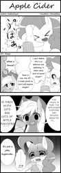 Size: 1420x4000 | Tagged: safe, artist:hashioaryut, artist:otonashikun, applejack, pinkie pie, earth pony, pony, 4koma, apple cider, comic, japanese, monochrome, pixiv, translation