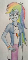 Size: 929x1942 | Tagged: safe, artist:captainedwardteague, derpibooru import, rainbow dash, daring don't, equestria girls, clothes, compression shorts, equestria girls interpretation, faic, scene interpretation, shirt, shorts, skirt, smug, smugdash, solo, traditional art