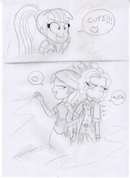 Size: 1280x1762 | Tagged: safe, artist:crock2121, adagio dazzle, sonata dusk, sunset shimmer, human, equestria girls, blushing, female, lesbian, shipper on deck, shipping, sunsagio, traditional art