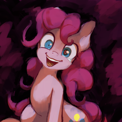 Size: 3000x3000 | Tagged: safe, artist:ruby, pinkie pie, earth pony, pony, abstract background, crazy face, crying, faic, hurting, insanity, looking at you, mismatched eyes, shrunken pupils, sitting, smiling, solo