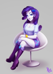 Size: 847x1183 | Tagged: safe, artist:lui-ra, rarity, equestria girls, beautiful, bedroom eyes, blue eyes, boots, bracelet, breasts, chair, cleavage, clothes, crossed legs, cute, eyeshadow, female, gray background, high heel boots, jewelry, legs, looking at you, makeup, nail polish, purple hair, shirt, shoes, signature, simple background, sitting, skirt, smiling, solo