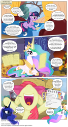 Size: 3300x6140 | Tagged: safe, artist:perfectblue97, apple bloom, princess celestia, princess luna, scootaloo, slendermane, twilight sparkle, alicorn, earth pony, pony, comic:without magic, absurd resolution, bandage, bandaid, bed, blank flank, burger, canterlot castle, comic, document, earth pony twilight, fireplace, food, golden oaks library, hay burger, list, pillow, pointy ponies, report, this will not end well