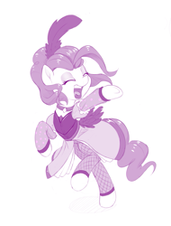 Size: 835x1100 | Tagged: safe, artist:dstears, pinkie pie, earth pony, pony, over a barrel, alternate hairstyle, clothes, dress, eyes closed, feather, fishnets, monochrome, open mouth, purple, raised hoof, saloon dress, saloon pinkie, simple background, singing, solo, stockings, white background