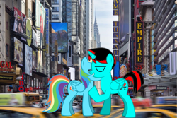 Size: 958x639 | Tagged: safe, artist:jawsandgumballfan24, derpibooru import, rainbow dash, oc, oc:ethan, alicorn, pegasus, pony, pony creator, alicorn oc, canon x oc, female, irl, male, new york city, photo, ponies in real life, shipping, straight