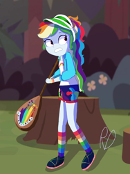 Size: 2250x3000 | Tagged: safe, artist:dashiedashdraw, derpibooru import, rainbow dash, better together, equestria girls, sunset's backstage pass!, clothes, cute, fanart, forest, guitar, music festival outfit, rainbow socks, scared, socks, striped socks, tree, tree stump