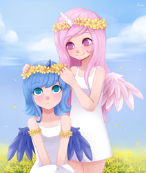 Size: 900x1061 | Tagged: safe, artist:exceru-karina, princess celestia, princess luna, human, cewestia, child, clothes, cute, cutelestia, dress, duo, female, floral head wreath, flower, girl, horned humanization, human female, humanized, lunabetes, no pupils, outdoors, pink-mane celestia, royal sisters, sisters, smiling, sundress, winged humanization, wings, woona, younger