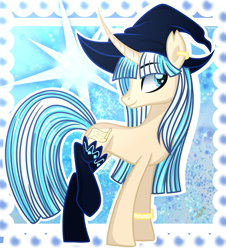 Size: 3160x3500 | Tagged: safe, artist:domina-venatricis, oc, pony, unicorn, clothes, curved horn, female, hat, horn, mare, solo, stockings, thigh highs, witch hat