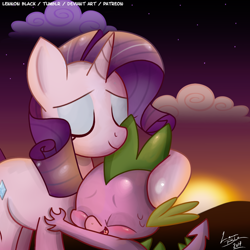 Size: 1200x1200 | Tagged: safe, artist:lennonblack, rarity, spike, dragon, pony, unicorn, cloud, eyes closed, female, hug, male, mare, shipping, smiling, sparity, stars, straight, sunset