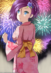 Size: 1024x1453 | Tagged: safe, artist:achaoticdotstar, rarity, human, alternate hairstyle, clothes, cute, eyeshadow, fireworks, flower, flower in hair, happy new year, happy new year 2018, holiday, humanized, kimono (clothing), looking back, makeup, raribetes, short hair, smiling, solo