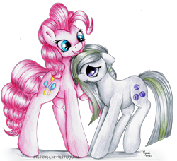 Size: 2745x2504 | Tagged: safe, artist:julunis14, marble pie, pinkie pie, earth pony, pony, colored pencil drawing, gift art, hug, pie sisters, pie twins, signature, sisters, traditional art, twins