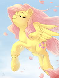 Size: 798x1050 | Tagged: safe, artist:zalvar, fluttershy, pegasus, pony, cute, eyes closed, flying, shyabetes, solo, underhoof