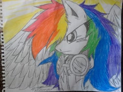 Size: 1280x960 | Tagged: safe, artist:petanoprime, derpibooru import, rainbow dash, pegasus, pony, clothes, female, goggles, hair over one eye, irl, mare, partial color, photo, signature, solo, traditional art