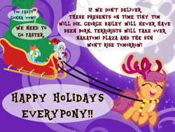Size: 1024x768 | Tagged: safe, artist:bronybyexception, derpibooru import, rainbow dash, scootaloo, star swirl the bearded, deer, pegasus, pony, reindeer, unicorn, a christmas carol, advent calendar, antlers, christmas, clothes, coat markings, costume, cute, cutealoo, deerified, die hard, discworld, dizzy, happy holidays, hogfather, holiday, imminent vomiting, it's a wonderful life, mare in the moon, moon, motion sickness, movie reference, night, pale belly, reindeer antlers, santa costume, santa hooves, santa sack, scootadeer, scootaloo can fly, sick, sleigh, species swap