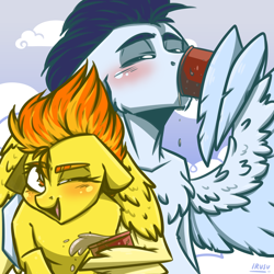 Size: 2500x2500 | Tagged: safe, artist:lrusu, derpibooru import, soarin', spitfire, pegasus, pony, drinking, grin, male, shipping, smiling, soarinfire, straight, wing hands