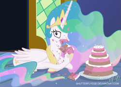 Size: 2737x1961 | Tagged: safe, artist:shutterflyeqd, princess celestia, alicorn, pony, cake, cakelestia, caught, celestia day, crown, cute, cutelestia, female, food, jewelry, looking at you, mare, messy eating, regalia, solo