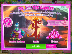 Size: 2048x1536 | Tagged: safe, derpibooru import, screencap, ballista, bon bon, diamond tiara, garble, glitter drops, spitfire, sweetie drops, dragon, advertisement, costs real money, crack is cheaper, gameloft, official, teenaged dragon