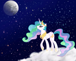 Size: 2500x2000 | Tagged: safe, artist:bluuleopard, princess celestia, alicorn, pony, mare in the moon, moon, open mouth, raised hoof, solo, space