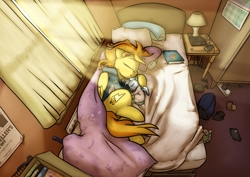 Size: 1920x1362 | Tagged: safe, artist:captainhoers, derpibooru import, spitfire, oc, oc:concorde, pony, baby, baby pony, bed, book, clock radio, crepuscular rays, cuddling, cute, daaaaaaaaaaaw, female, firestarter spitfire, morning, mother and child, mother and daughter, offspring, onesie, pacifier, parent and child, parent:soarin', parent:spitfire, parents:soarinfire, sleeping