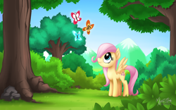 Size: 2560x1600 | Tagged: safe, artist:mysticalpha, fluttershy, butterfly, pegasus, pony, the cutie mark chronicles, cute, female, filly, filly fluttershy, forest, hair over one eye, shyabetes, solo, younger