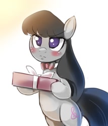 Size: 1500x1750 | Tagged: safe, artist:freedomthai, octavia melody, earth pony, pony, bipedal, blushing, bow, box, female, hair bow, mare, present, simple background, tsundere, tsuntavia, white background