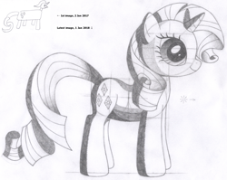 Size: 1812x1439 | Tagged: safe, artist:aafh, rarity, pony, unicorn, comparison, female, mare, monochrome, traditional art