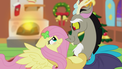 Size: 1920x1080 | Tagged: safe, artist:envygirl95, discord, fluttershy, draconequus, pegasus, pony, bell, blushing, bow, christmas, christmas tree, christmas wreath, clothes, cute, discoshy, discute, female, fire, fireplace, floppy ears, fluttershy's cottage, hairclip, happy, hearth's warming, hearth's warming eve, holiday, looking at each other, male, peaceful, shipping, shyabetes, smiling, stockings, straight, sweet dreams fuel, thigh highs, tree, wreath