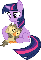 Size: 2443x3509 | Tagged: safe, artist:porygon2z, derpibooru import, owlowiscious, twilight sparkle, unicorn twilight, bird, owl, pony, unicorn, duo, eyes closed, female, hug, mama twilight, mare, simple background, transparent background, vector