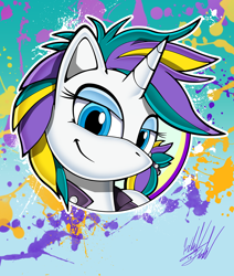 Size: 1104x1300 | Tagged: safe, artist:fuzon-s, rarity, pony, unicorn, it isn't the mane thing about you, alternate hairstyle, bust, looking at you, pony channel, portrait, punk, raripunk, smiling, solo, style emulation, yuji uekawa style