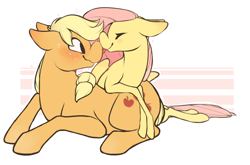 Size: 956x632 | Tagged: safe, artist:tigs, applejack, fluttershy, earth pony, pegasus, pony, appleshy, blushing, boop, cute, eyes closed, female, floppy ears, leaning, lesbian, nervous, noseboop, prone, shipping, simple background, skinny legs, smiling, sweat, thin legs, wavy mouth