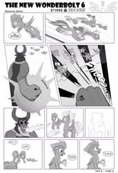 Size: 1600x2344 | Tagged: safe, artist:marmorexx, derpibooru import, blaze, fire streak, fleetfoot, high winds, lord tirek, soarin', spitfire, surprise, pony, comic:the new wonderbolt, comic, magic, monochrome, wonderbolts