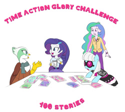 Size: 1153x1032 | Tagged: safe, artist:carnifex, greta, photo finish, princess celestia, principal celestia, rarity, earth pony, griffon, pony, equestria girls, clothes, commission, female, mare, notebook, simple background, smiling, talking, time action glory challenge, white background