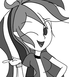 Size: 1079x1200 | Tagged: safe, artist:treble clefé, derpibooru import, rainbow dash, equestria girls, eye clipping through hair, eyebrows visible through hair, grayscale, monochrome, one eye closed, simple background, solo, transparent background, wink