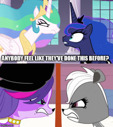 Size: 500x562 | Tagged: safe, screencap, princess celestia, princess luna, alicorn, dog, pony, skunk, a royal problem, animal, imgflip, littlest pet shop, meme, nicole oliver, pepper clark, tabitha st. germain, voice actor joke, zoe trent