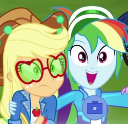 Size: 614x600 | Tagged: safe, derpibooru import, screencap, applejack, rainbow dash, sci-twi, twilight sparkle, better together, equestria girls, festival filters, clothes, cropped, female, friendship, glasses, hair, offscreen character, selfie