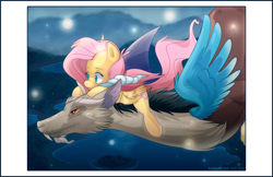 Size: 1000x647 | Tagged: safe, artist:zombie, discord, fluttershy, pegasus, pony, crossover, spirited away